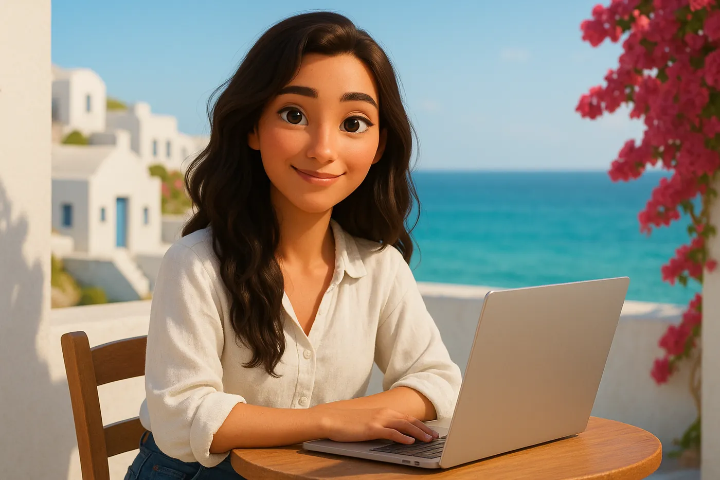 The same learner relaxed with her laptop on a sunny terrace