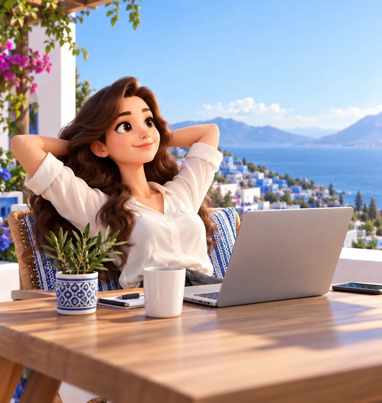 A learner with her laptop on a sunny terrace by the sea