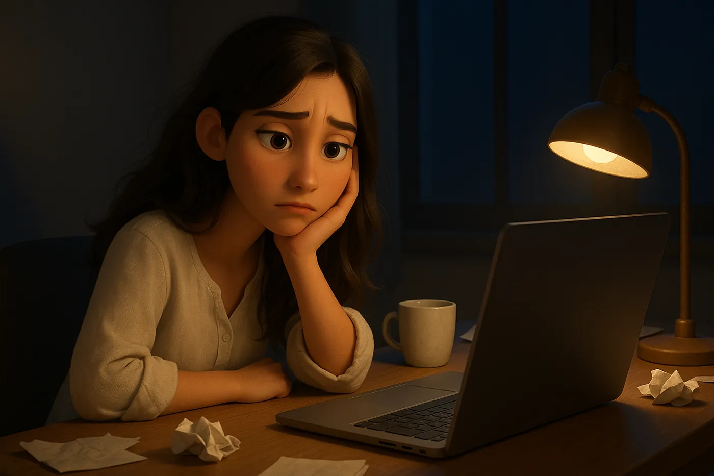 A learner sitting tired at a cluttered desk at night