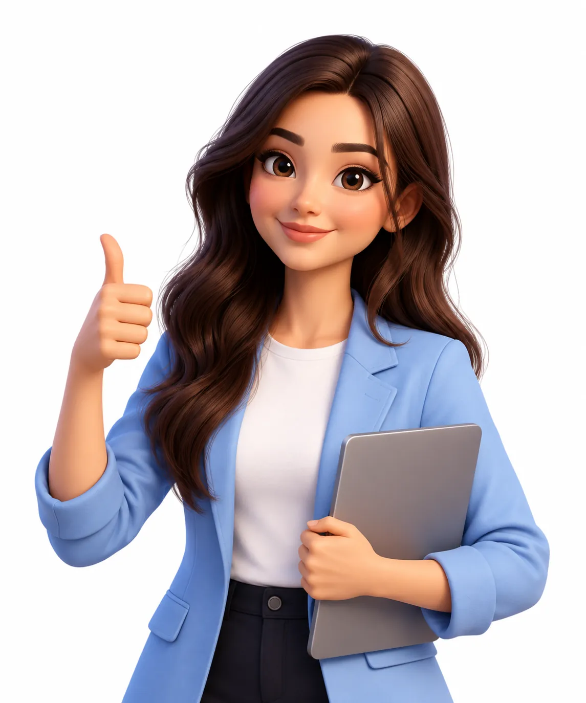 A learner holding her laptop, thumbs up